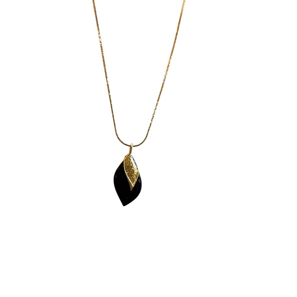 Gold Tone Chain Necklace w Black & Gold Sparkly Leaf Pendant 21" Long